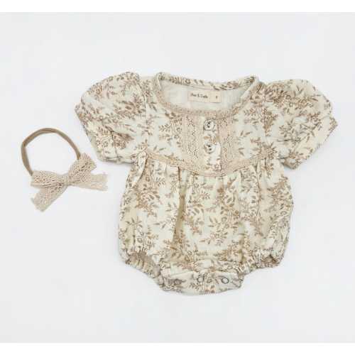 ELODIE Vintage Floral Muslin Baby Romper Bubble Set – 100% Cotton with Matching Bow SHORT-SLEEVE|