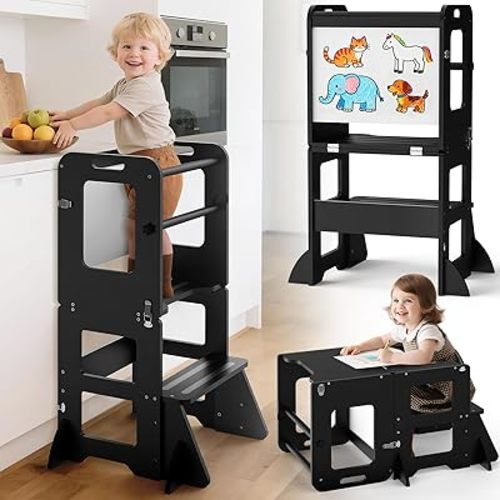 4-in-1 Toddler Kitchen Step Stool, Learning Standing Tower with Whiteboard, Wooden Kitchen Stool Helper for Kids, 1-3 Year Old Boy Girl Gifts-Black
