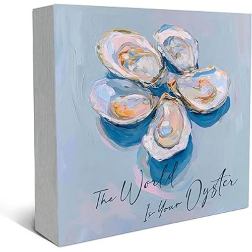 SRADMO Inspirational the World Is Your Oyster Wood Box Sign Desk Decor, Oyster Decor, Coastal Beach Motivational Theme Wooden Block Box Sign Decoration for Home Office Shelf Table