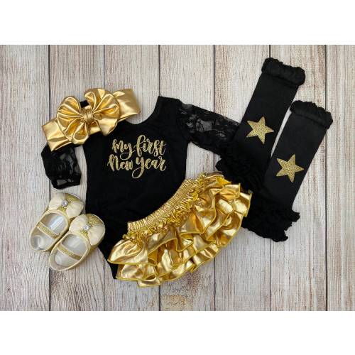 Baby Girl 1st New Year Outfit - Lace Bodysuit - My First New Year Outfit in black and gold - Premie baby