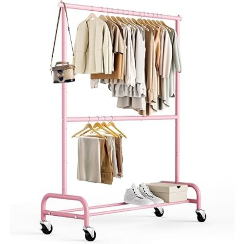 MISSLO Heavy Duty Clothing Racks for Hanging Clothes Rack Double Rod Garment Rack Rolling Closet Wardrobe Rack on Wheels, Metal, Adjustable (Pink)