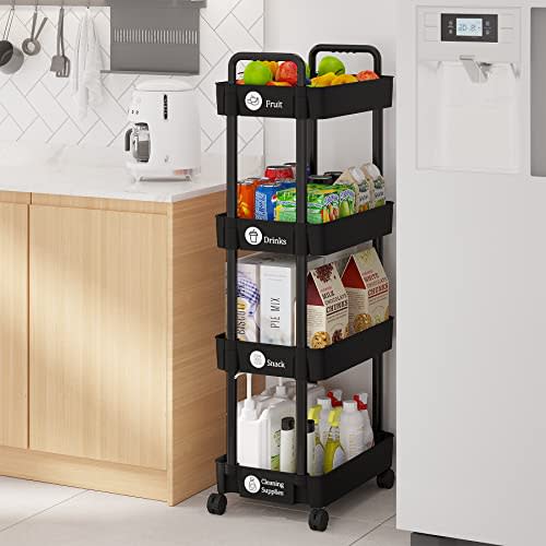 Laiensia 4-Tier Storage Cart,Multifunction Utility Rolling Cart Kitchen Storage Organizer,Mobile Shelving Unit Cart with Lockable Wheels for Bathroom,Laundry,Living Room,With Classified Stickers,Black