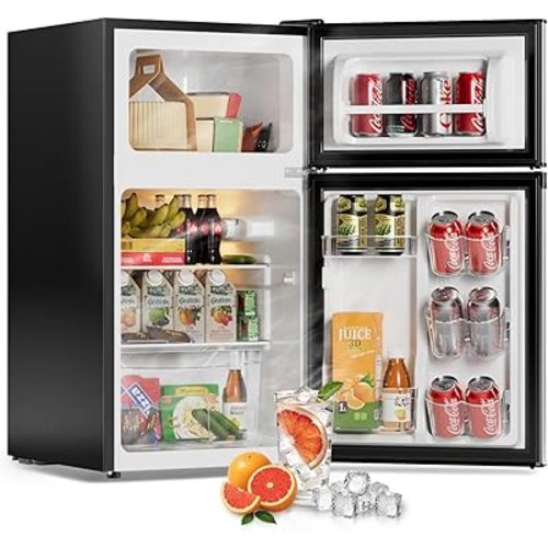 3.2 Cu Ft Mini Fridge with Freezer - Energy Efficient, Double Door Upright Freezer for Bedroom, Office & Dorm | Small Fridge, Glass Shelves,Interior Light,ETL Certified,etc(Silver)