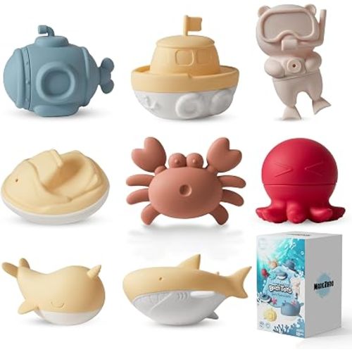 Silicone Bath Toys 8Pcs Ocean Set for Toddlers Kids Baby, Yellow | Soft easy-grip, squeeze, rinse, and drybathtub water toys for bathtub, pool, and water table play - Yellow