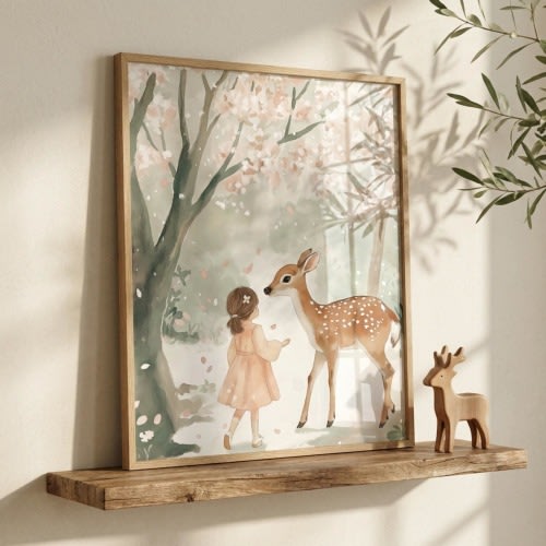 Woodland Nursery Wall Art, Little Girl and Fawn Kids Decor, Whimsical Forest Animal Print, Cherry Blossom Nature Art, Baby Girl Gift