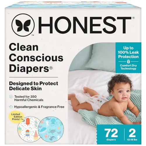 The Honest Company Clean Conscious Diapers for Delicate Skin | Up to 100% Leakproof | Hypoallergenic, Fragrance Free | Summer '25 Limited Edition Prints | Club Box, Size 2 (12-18 lbs), 72 Count