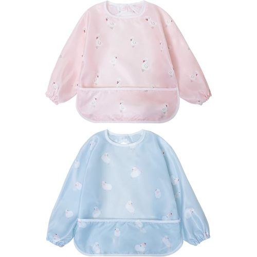 Little Dimsum Mess-Proof Baby Bibs|Infant Toddler Long Sleeve Waterproof Feeding Art Smock|Catching Food & Wipe Clean|Pack of 2 Colors duck&sheep
