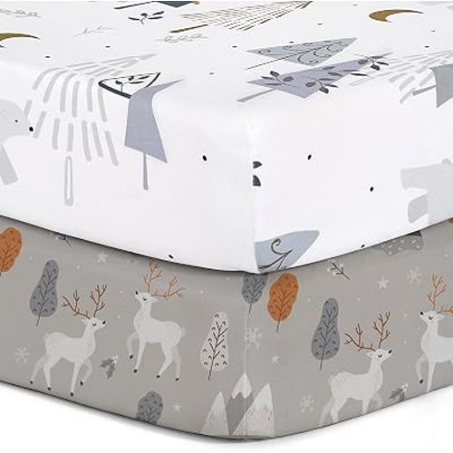 Pack n Play Sheets, BROLEX 2 Pack Mini Crib Sheets,Stretchy Portable Fitted Playard Sheet Set, Convertible Playard Mattress Cover,Ultra Soft Breathable Material,Snowy Forest