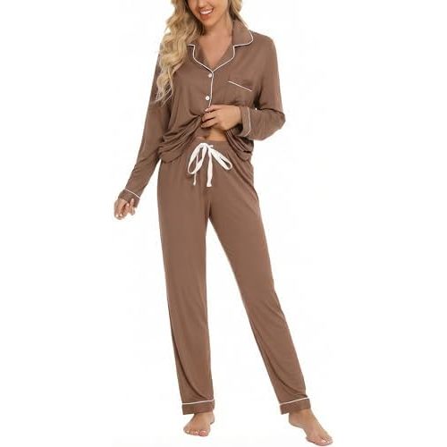 Leikar Button Up Pajama Set For Women Long Sleeve Shirt And Pajama Pants Soft Pjs Lounge Sets