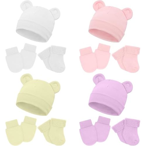 Cuffbow 4 Pcs Preemie Hats Mittens and Socks Set Preemie Mittens Warm Terry Socks for Preemie Baby