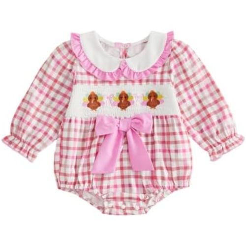 Baby Girl Thanksgiving Romper Turkey Embroidery Fall Smocked Bubble Romper