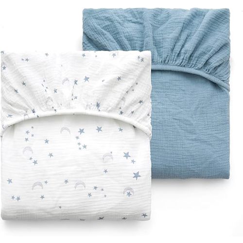 Momcozy Muslin Standard Fitted Crib Sheets, 52"x28", 2 Pack Soft Breathable Natural Cotton Baby Mattress Sheet, 360° Mattress Wrapping No Slip Boys Girls Neutral Toddler Bed Sheet, Blue Star Moon