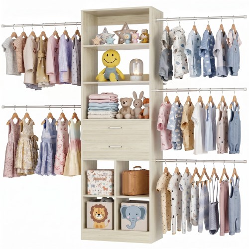 Muldo Closet Organizer System with Wood Drawers, Wardrobe with Expandable Hanging Rods & Storage Shelves