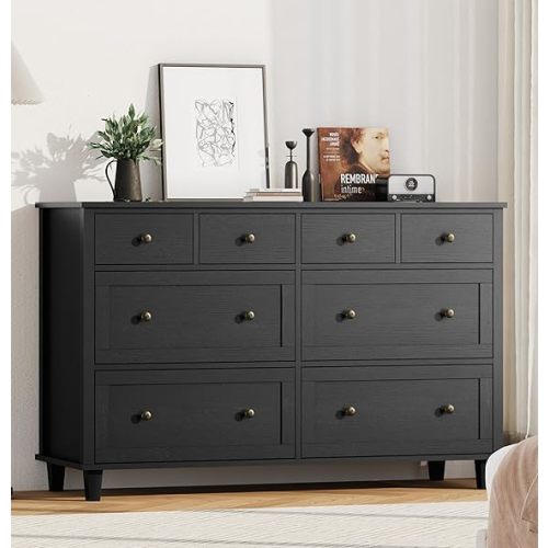 Dresser for Bedroom 8 Drawer Wood Dresser 56.3" Wide, Large Storage Chest of Drawers for Bedroom, Living Room, Hallway, Entryway, Modern TV Stand Drawer Organizer, Black