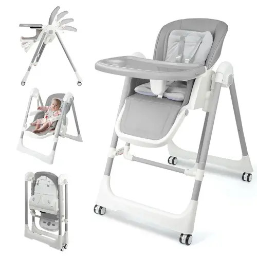 High Chairs for Babies and Toddlers Foldable High Chair Adjustable with Reclining Seat & Leg Rest, 3-in-1 Convertible Baby Swings with Tool-Free Assembly (Grey)