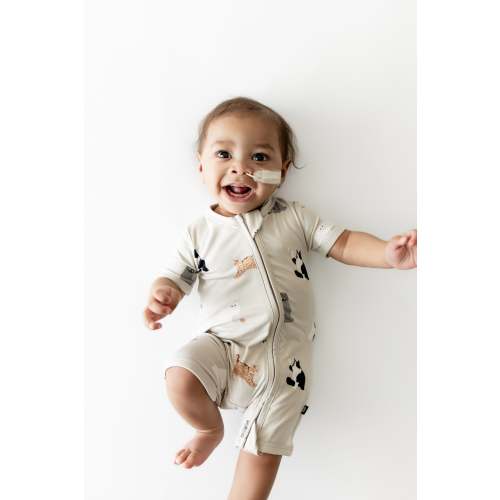 Zipper Shortall Romper in Fluffy Cat