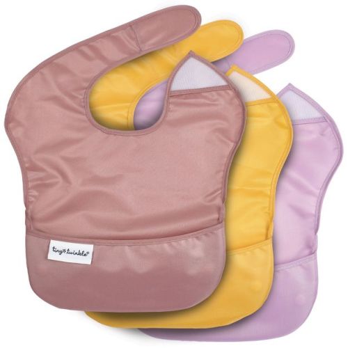 Tiny Twinkle Mess-Proof and Waterproof Baby Food Bib for Boys or Girls, Machine Washable and BPA-Free w/Adjustable Closure (3-Pack, Taupe, Dandelion)