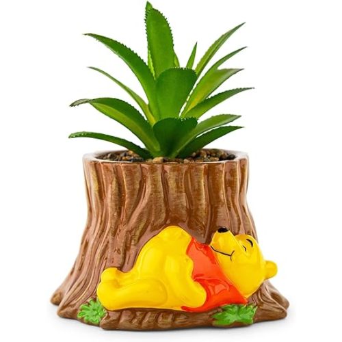 Toynk Disney Winnie The Pooh Tree Stump 5-Inch Ceramic Planter with Artificial Succulent | Cute Flower Pot, Faux Indoor Plants
