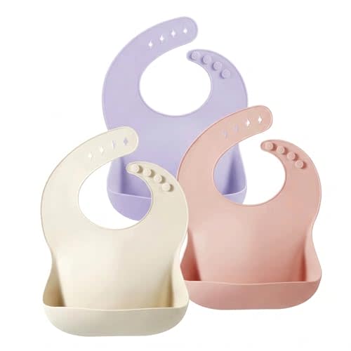 PandaEar Set of 3 Silicone Baby Bibs Waterproof, Soft, Unisex, 10-72 Months (Pink/Purple/Linen)