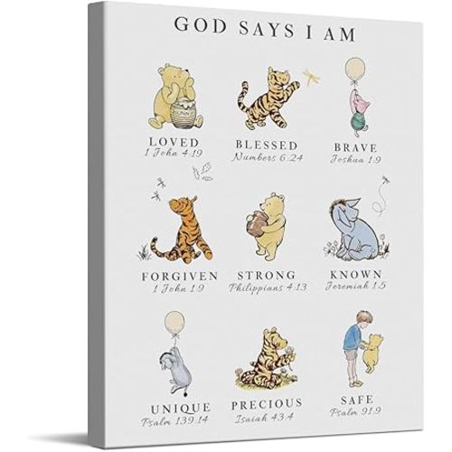CYFDYVT Classic Winnie the Pooh Inspirational Quote Wall Art God Says I AM Biblical Affirmation Canvas Painting Pictures Wall Decor For Home Nursery Kids' room Sign Artwork Ready to Hang 8x10 Inch