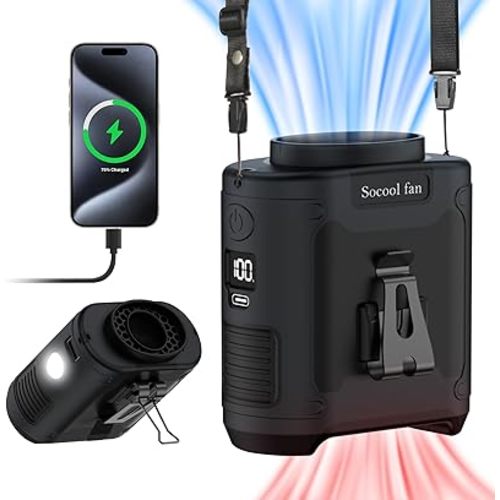 Socool 10000mAh Portable Waist Fan Clip on Wearable Belt Personal Fan Rechargeable Battery operated With 5 Speeds & Flashlight Neck Hands-Free 40H Cooling For Outdoor Camping Travel (Black)