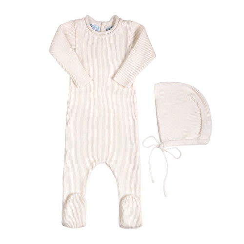 Rolled Collar Ribbed Knit Romper & Bonnet