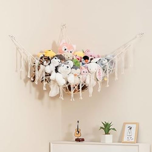 Lilly's Love Stuffed Animal Storage Macrame Hammock, Large - Boho Room Decor Toy Storage - Corner Hanging Plushie Stuffed Animal Net Organizer (White)