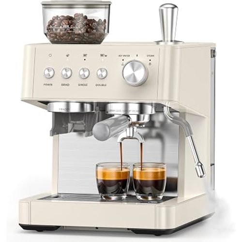 (2026 Upgrade) 15 Bar Espresso Machine with Built-in Anti-Clog Coffee Grinder, Expresso Coffee Machines with Milk Steam Wand/Frother/Tamping Tools,Espresso Maker with Grinder for Lattes-Almond