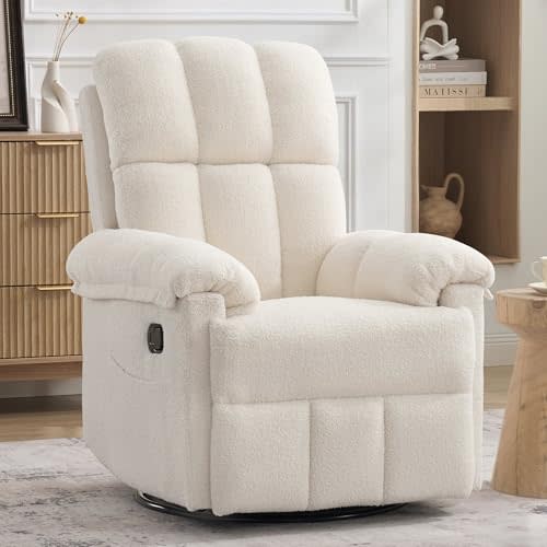 Korser Recliner Chair, Swivel Rocker Recliner Chair for Adults, Small Recliners for Small Spaces, Manual Recliner with Side Pockets, Upholstered Nursery Rocking Chair for Living Room, Sherpa, Beige