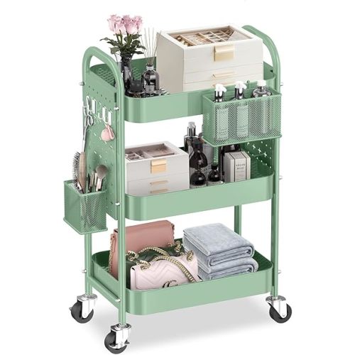 ALVOROG 3 Tier Rolling Cart with DIY Pegboards Metal Utility Cart with Wheels Handles Baskets Hooks, Storage Cart for Office Kitchen Bathroom(Green)