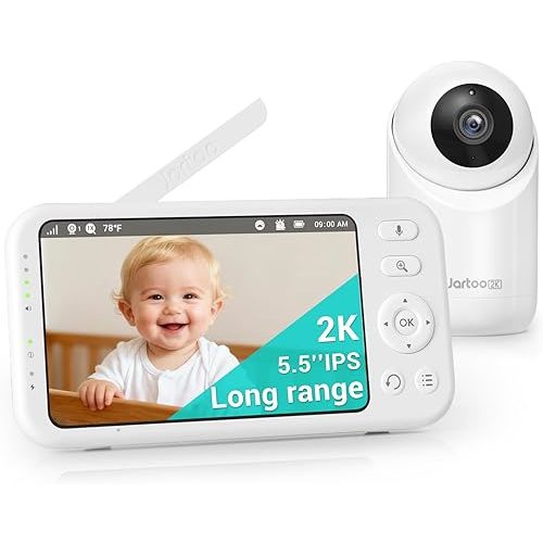 Jartoo 2K 5.5" Video Baby Monitor with Camera and Audio,AI Cry Detect 1860ft Long Range Baby Monitor No WiFi Baby Camera Wireless,Clear Night Vision,ANC, 2-Way Talk,White Noise,6000mAh [2025 New]