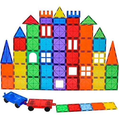 Gemmicc 100 PCS Magnetic Tiles with 2 Cars, STEM Approved Educational Magnet BuildingToys, Magnet Puzzles Stacking Blocks for Boys Girls
