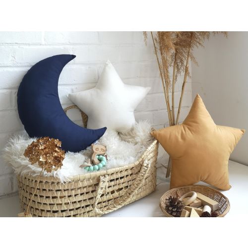Navy Moon Pillow, Star Nursery Decor, Cotton Cushion