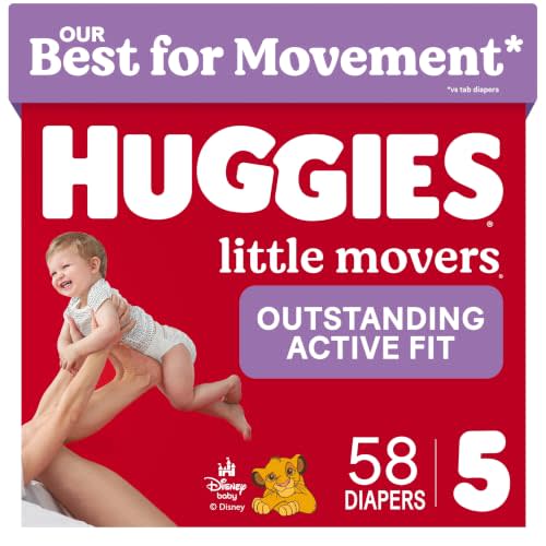 Huggies Little Movers Diapers Size 5, 58 Count | Double Grip Strips, Blowout Protection, Secure Flexible Fit, Up to 12-Hour Protection, Dry Touch Liner, Wetness Indicator