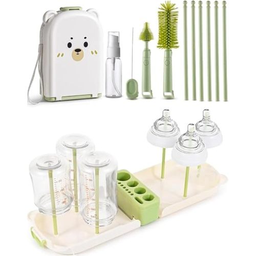 Travel Bottle Cleaner kit, 7in1 Baby Toddler Travel Essential Silicone Bottle Brush Set, Nipple, Drying Rack, Straw, & Breast Pump Cleaning, Soap Dispenser & Organizer Case, Gift Mom