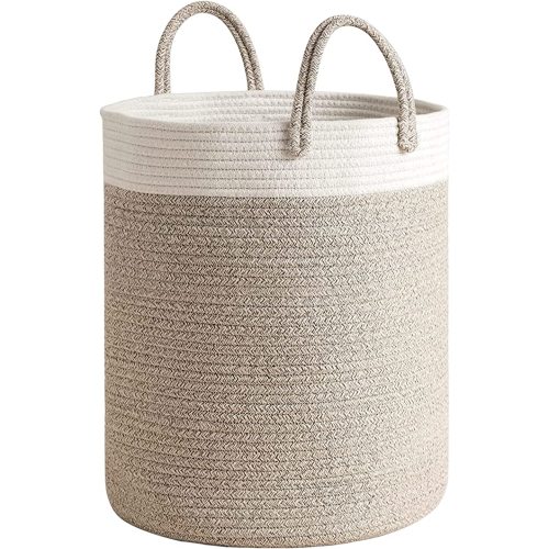 MXMHOME Large Laundry Hamper, 20" X 15" X 15" Tall Woven Rope Storage Basket for Blanket, Cotton Rope Basket Laundry Hamper for Clothes, Toys, Dirty Clothes, Soft Baby Hamper for Nursery, 58L, Brown