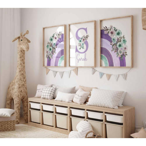 Purple Floral Nursery, Rainbow Baby Girl Nursery Prints, Lavender Nursery wall art, Personalized Baby Name Print, Custom Lilac Nursery