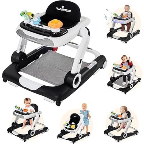 5 in 1 Baby Walker, Activity Baby Walker-Baby Bouncer, Rocker, Activity Center,Seat and Push Walker,Detachable Trampoline Mat, Adjustable Speed Rear Wheels and Height,Ages 6-18 Months