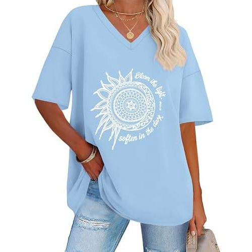 Oversized Tshirts for Women Graphic V Neck Summer Short Sleeve Loose Tees