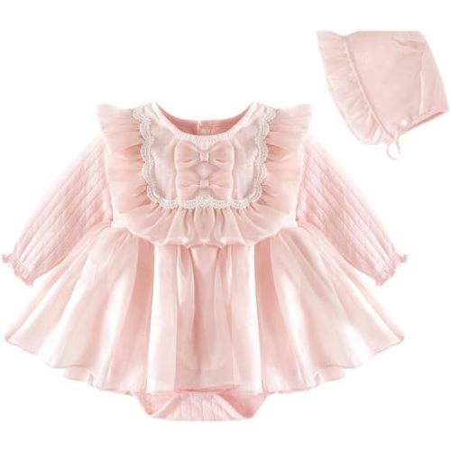 Baby Girl Long Sleeve Dress and Hat, Cotton 2-Piece Newborn Girl Spring Autumn Dress Cake Smash Outfit Birthday Wear