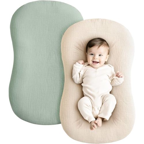 Konssy Muslin Baby Lounger Cover 2 Pack, 100% Cotton Newborn Lounger Cover, Soft and Breathable Baby Nest Slipcover for Boys Girls (Green,Wheat)