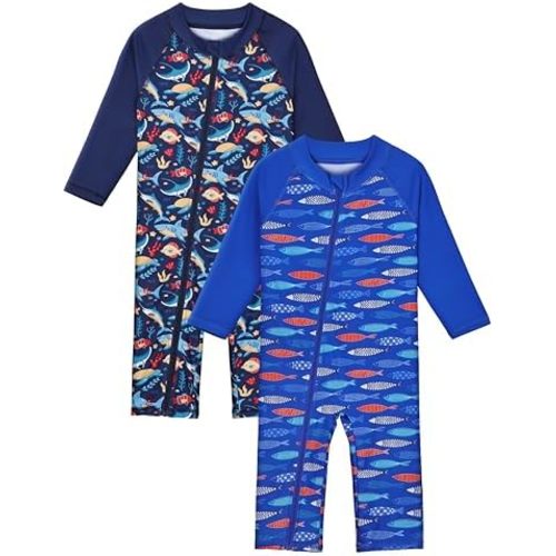 2 Pack Baby Toddler Boy Swimsuit UPF 50+ Sun Protection Long-Sleeve Zip Rashguards One Piece Bathing Suit for 3-36M