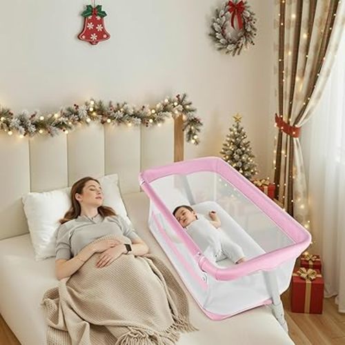 Cowiewie Bassinet Bedside Sleeper,Baby Bassinets Higher Place on Bed,5-Position Adjustment Baby Crib,Breathable 360° Mesh Sides Bedside Bassinet,Space-Saving Bedside Cribs,Height(37.4-41.3") Pink
