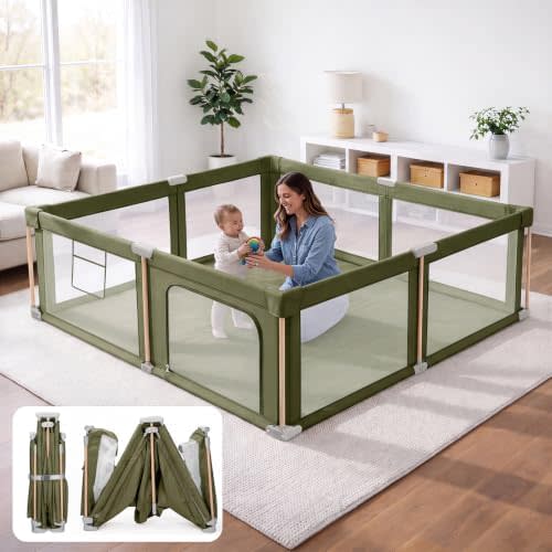 Foldable Baby Playpen with Mat, Foldable Baby Fence Play Yards for Babies and Toddlers, Play Pen with Breathable Mesh and Anti-Fall Pads Green (71"×59")