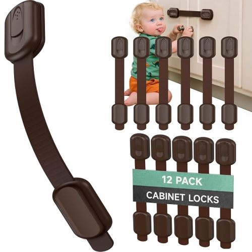 Infinno 12 Pack Cabinet Locks Baby Proofing Heavy Duty - Child Safety Cabinet Locks for Drawers, Cupboards & Fridge – No Drill 3M Adhesive Locks for Pets - Toddler Safety Latches-Brown