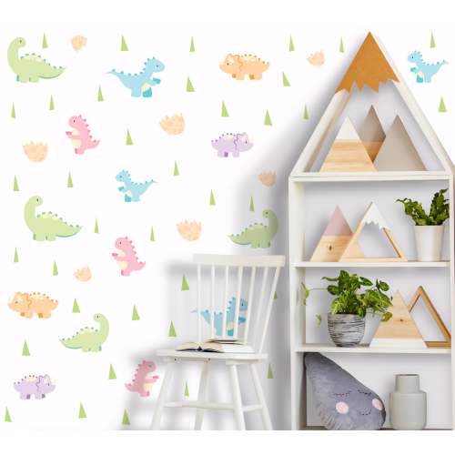 Pastel Dinosaur Wall Decals, Baby Nursery Decor Colorful Dino Removable Wall Stickers, Kids Room  Dinosaur Decals