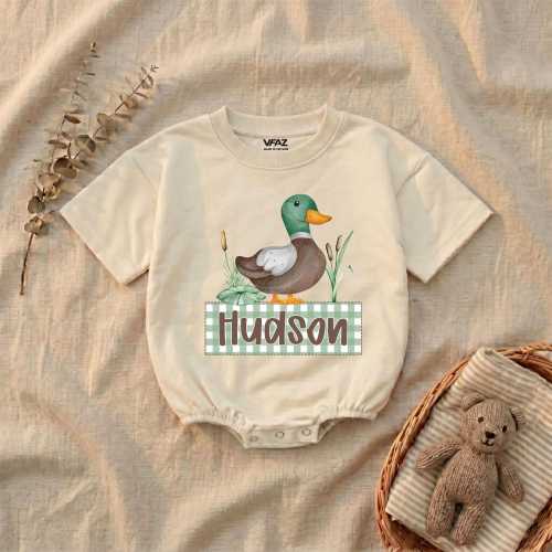 Personalized Mallard Duck Baby Boy Bubble Romper, Custom Duck Hunting Bodysuit, Southern Boys Clothes, Coming Home Outfit, Baby Shower Gift