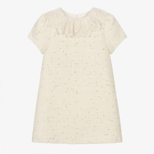 Patachou - Girls Ivory Tweed Dress with Embroidered Tulle Collar | Childrensalon (12 Months)
