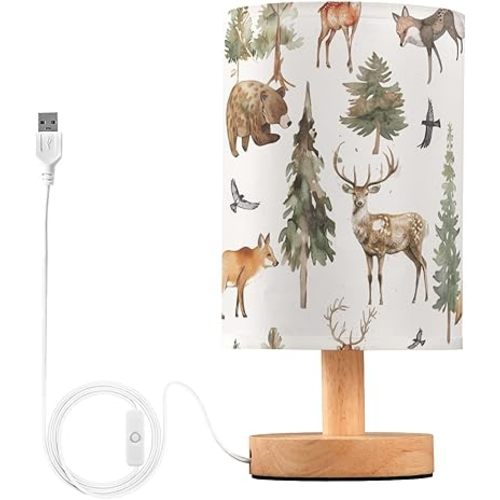 Table Lamp Watercolor Animal Forest Tree Deer Fox Bear Nightstand Lamp with Wood Base Fabric Lamp Shade Bedside Desk Lamp for Living Room Bedroom Kids Room Office