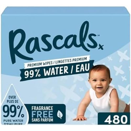 Rascals Premium Baby Wipes, 99% Water, 480 Count, Plastic-Free, Hypoallergenic, pH Balanced, Gentle for Daily Use